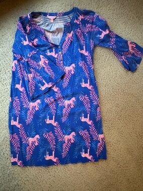 Lilly Pulitzer Blue Dress with Pink Zebra Leaf Print